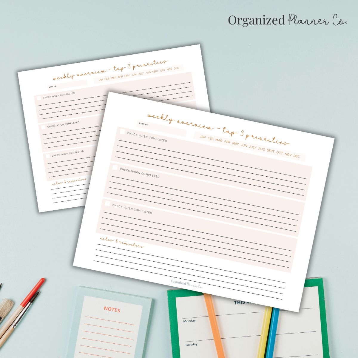 Two printable weekly overview of top three priorities planner.