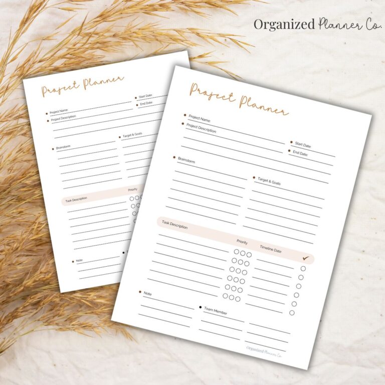 Two printable project planners on a boho background.