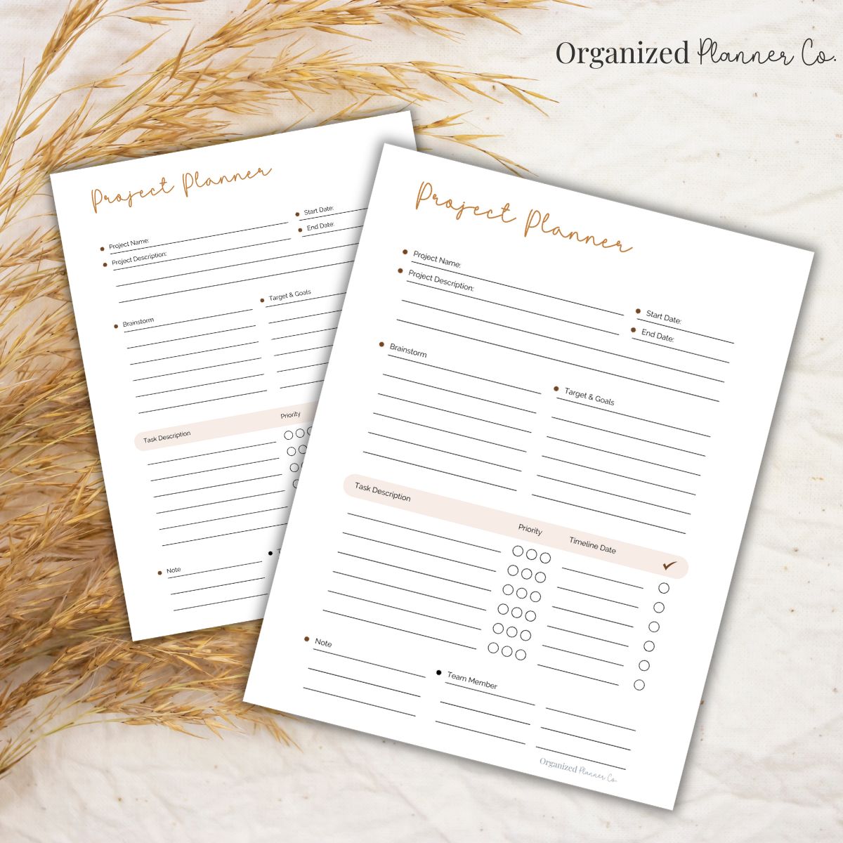Two printable project planners on a boho background.